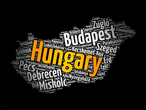 List of cities and towns in Hungary, map word cloud collage, business and travel concept background