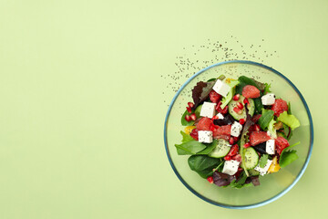 Concept of tasty food, salad with red orange, space for text