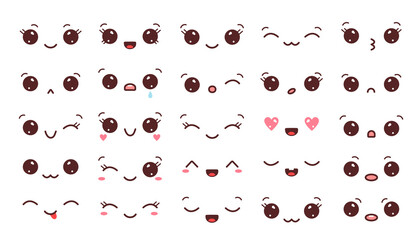 Set of kawaii faces. Collection of kawaii eyes and mouths with different emotions. Vector illustration isolated on white background