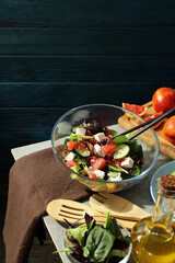 Concept of tasty food, salad with red orange, space for text