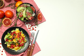 Concept of tasty food, salad with red orange, space for text