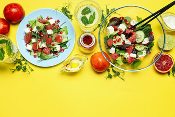 Concept of tasty food, salad with red orange, space for text
