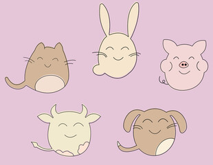 Set of cute round animals (cat, rabbit, pig, cow, dog) on pink background.