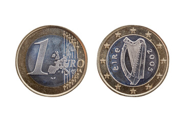 One Euro coin of Ireland (Eire) dated 2005 which shows the Irish Celtic harp on the reverse cut out and isolated on a white background