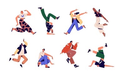 Fototapeta na wymiar Happy young active people in funny energetic poses, fun and joy. Excited men and women rejoicing. Inspired characters, youth with energy set. Flat vector illustrations isolated on white background