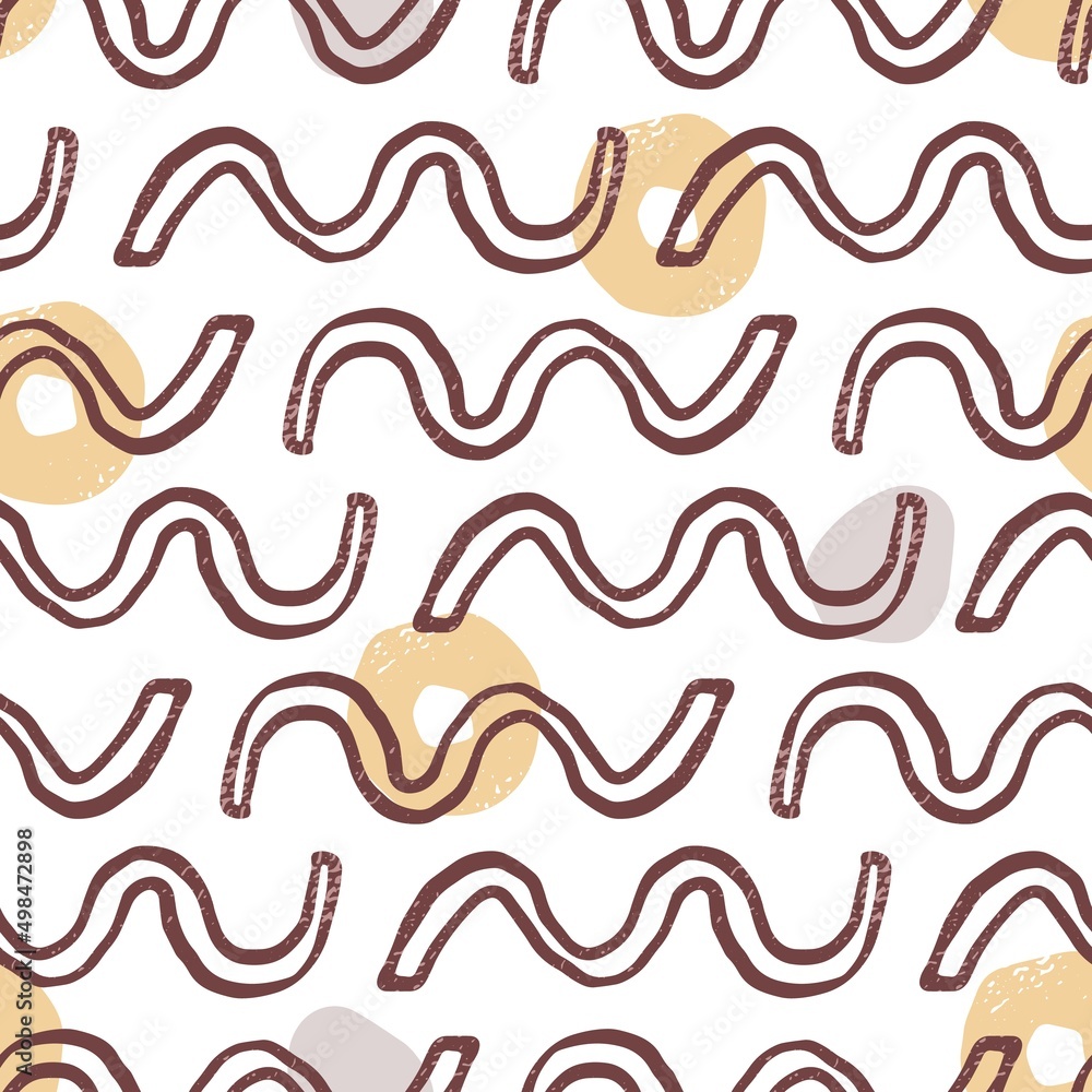 Poster Seamless pattern with repeating abstract print. Endless texture with waves, elements in doodle style. Modern scribble background design with line curves. Flat vector illustration for wrapping, fabric