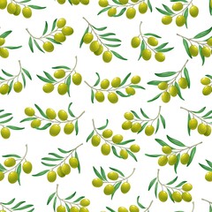 Green greek, italian olives branch seamless pattern. Floral vector background or wrapping paper, farm food fabric print or backdrop with olive tree branches with leaves and fruits