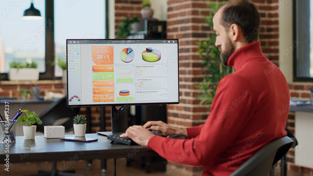 Poster businessman doing research analysis on computer screen to plan financial statistics with charts and 