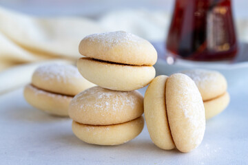 Fototapeta na wymiar Cookies on a white background. Delicious filled cookies. Bakery products. close up