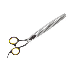 Scissors for cutting people and pets. Grooming scissors. Closed scissors on a white isolated background. Side view.