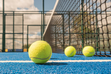 selective focus, paddle tennis balls on a blue paddle tennis court close to the net, racket sports concept