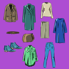 Capsule basic wardrobe for a woman. Minimalism. Fashion. Big cupboard. Wardrobe with a set of clothes on hangers and bags. Isolated vector objects.