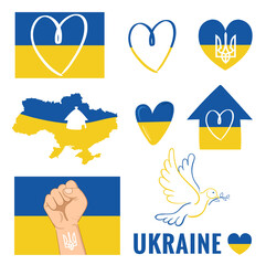 Ukrainian set flag, heart, arms, map on white isolated background.