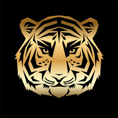Tiger head silhouette. Gold silhouette of a stylized tiger muzzle on a black background. Can be used as a logo, a mascot or a t-short print. Vector 10 EPS.
