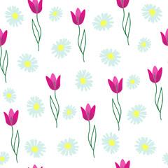 Seamless pattern wild daisies, abstract pink tulips on white background, vector eps 10