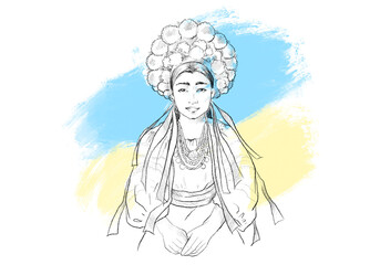 Ukrainian, a young girl in a national costume and a head wreath, against the background of the Ukrainian flag