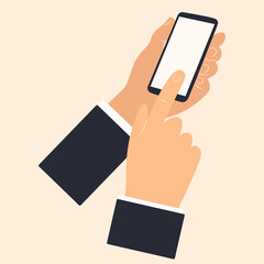 hands with phone flat design, isolated, vector