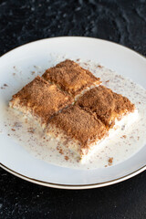 Cold baklava on a dark background. Baklava with pistachio milk. Traditional Turkish cuisine delicacies. The new trend is baklava. close-up. local name soguk baklava