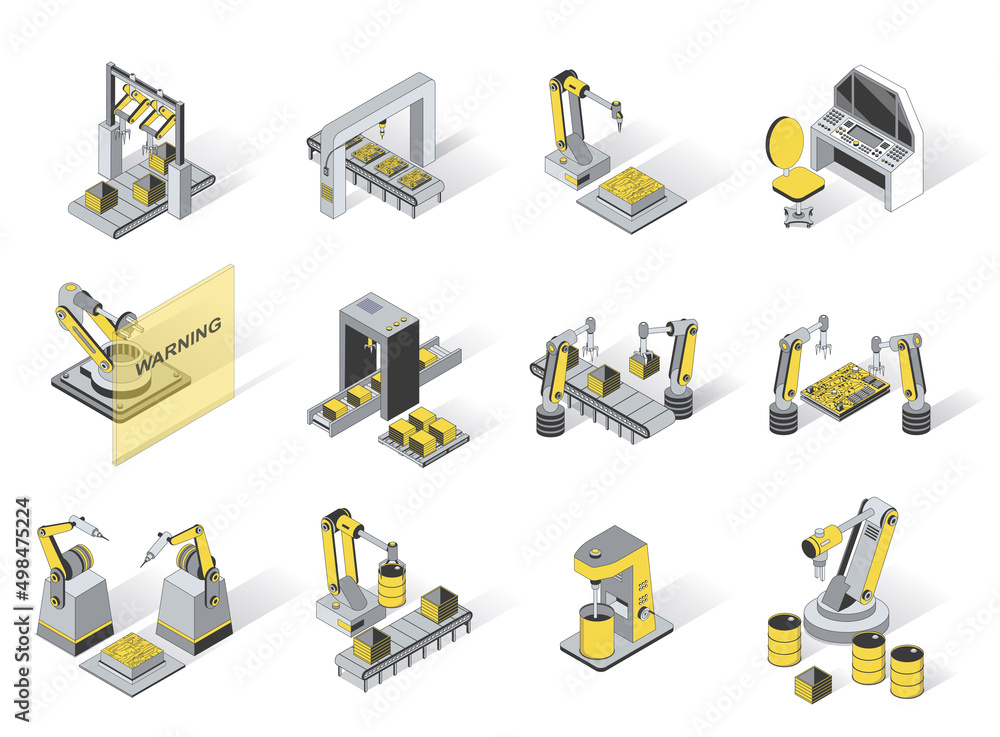 Leinwandbilder robotization industry 3d isometric icons set. pack elements of production conveyor lines at smart in