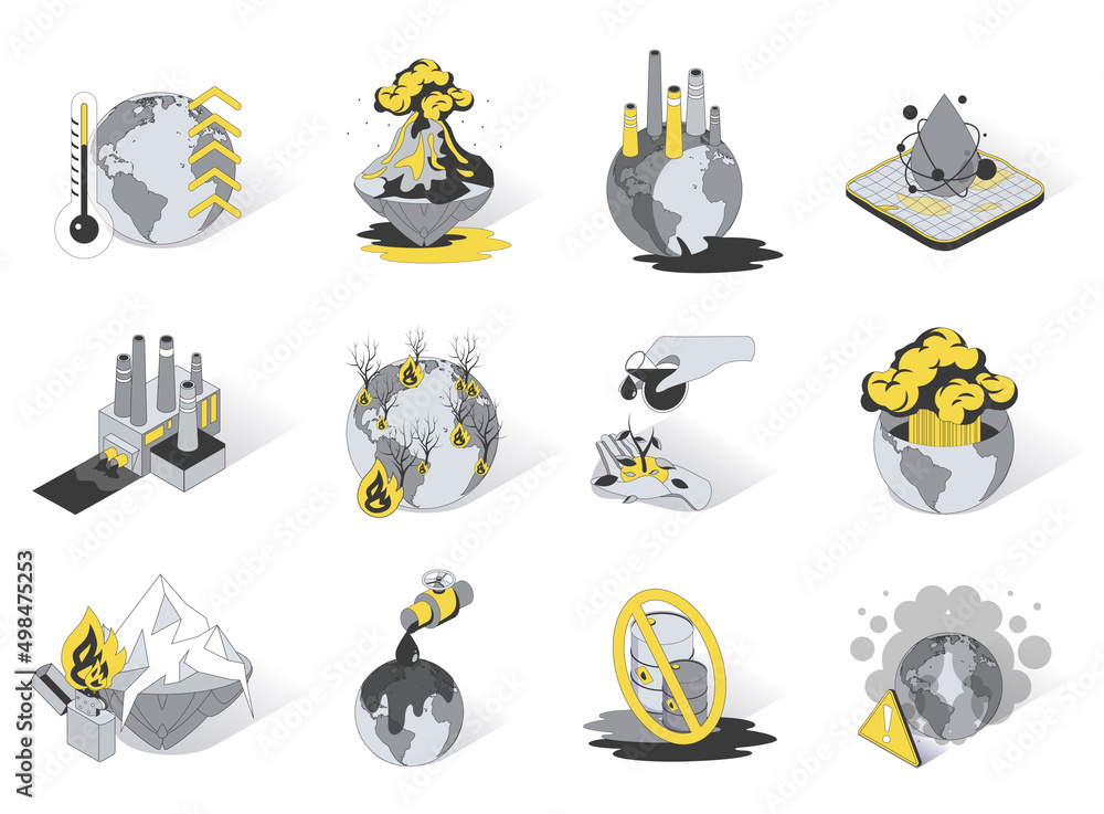 Poster global warming and pollution 3d isometric icons set. pack elements of climate change on planet, emis