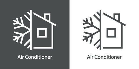Fototapeta premium Reparación y servicio de aire acondicionado. Logo con texto Air Conditioner con casa y copo de nieve con líneas en fondo gris y fondo blanco