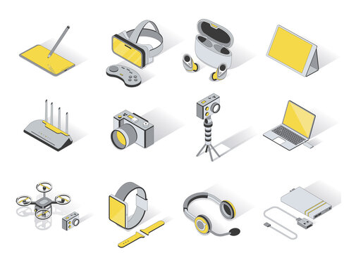 Devices and gadgets 3d isometric icons set. Pack elements of graphic tablet, VR headset and joystick, wireless headsets, wifi router, camera, laptop. Vector illustration in modern isometry design