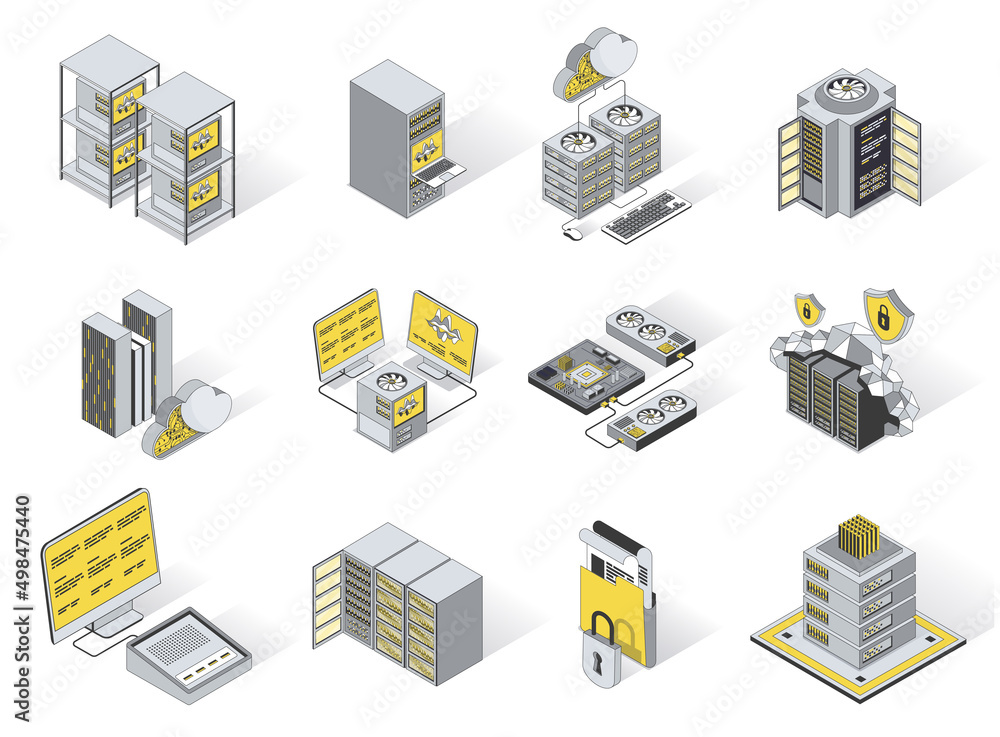 Leinwandbilder Data center 3d isometric icons set. Pack elements of server racks, cloud computing and storage, computer data processing and server network equipment. Vector illustration in modern isometry design