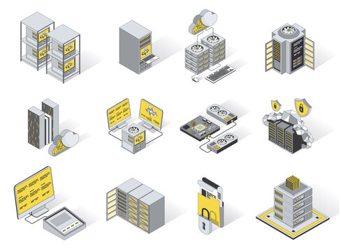 Data center 3d isometric icons set. Pack elements of server racks, cloud computing and storage, computer data processing and server network equipment. Vector illustration in modern isometry design