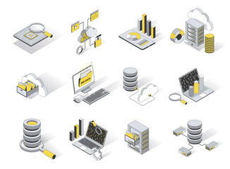Big data analysis 3d isometric icons set. Pack elements of cloud computing and storage information, hardware, software, research statistics, upload files. Vector illustration in modern isometry design