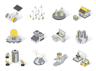 Ecological energy 3d isometric icons set. Pack elements of solar panels, windmills, green energy, eco friendly, waste sorting and recycling, electric car. Vector illustration in modern isometry design © alexdndz