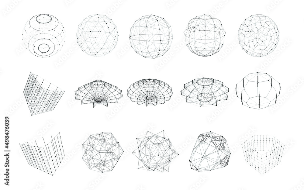 Poster Set of wireframe geometric shapes with connected lines and dots. Collection of 3d objects isolated on white background. Network connection structure. Vector illustration.