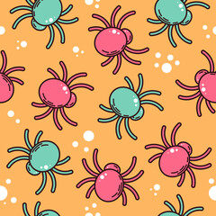 Cute spider seamless pattern. Kawaii flat line art for Halloween wrapping paper, fabric, backgrounds. Simple colorful vector illustration for kids