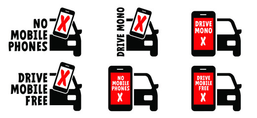 No mobile phones. Drive mobile-free, drive MONO. Vector icon or pictogram. Without distraction from apps or social media posts. Keep your eyes on the road. Do not mobile phone symbol or logo. 
