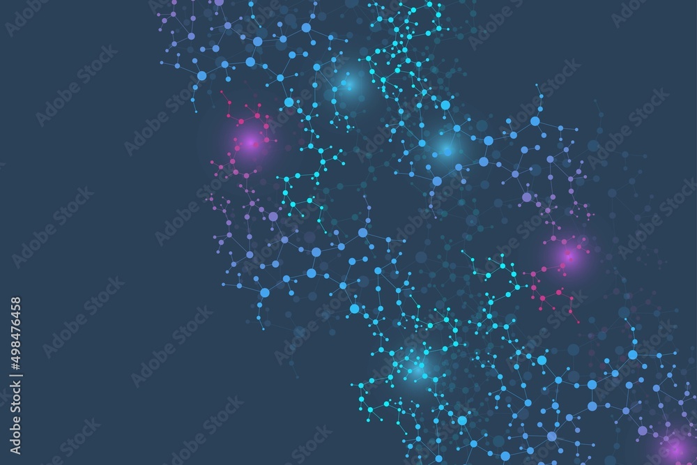 Poster science network pattern, connecting lines and dots. technology hexagons structure or molecular conne