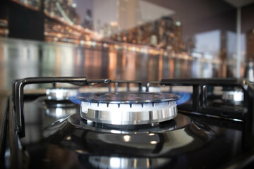 Fototapeta premium Burning flame on gas stove burner. Burning gas. Propane gas. High quality photo