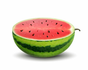 Half Watermelon with seeds isolated on white background. Fresh watermelon fruit design element for summer time. Fresh cut and sliced watermelon. Juicy fruit. Realistic 3d vector