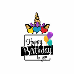Vector sticker with unicorn. Happy birthday frame. Sublimation template. 