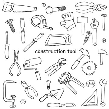 vector drawing in doodle style. set of construction tools, for repair and construction. simple line illustrations