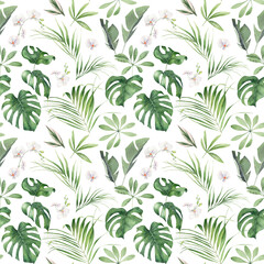 Watercolor tropical greenery seamless pattern on white backdrop. Natural background. Watercolor illustration. Modern texture design.  Summer style. Spring decoration. For wedding designs, invitations,