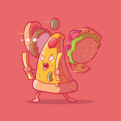 Angry Pizza slice cutting a burger vector illustration. Food, funny, mascot design concept.