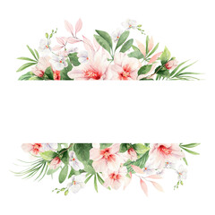 Watercolor floral tropical frame with exotic flowers and palm leaves in summer style. Beautiful 
jungle foliage border on white background. Hand drawn template illustration for wedding designs, invita