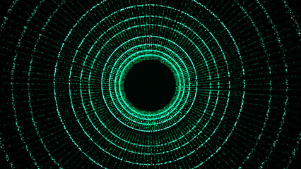 Abstract dynamic wireframe tunnel on green background. Futuristic 3D portal. Futuristic particle flow. 3d rendering.