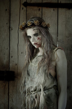 A young girl dressed as a Halloween horror figure. 
She wears filthy rags as clothing and has a thorn 
crown with flowers on her head. Blood is smeared 
on her mouth and she has a sad
expression on he