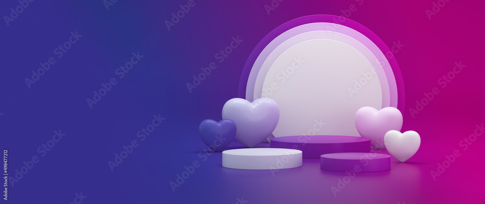 Poster podium with hearts around on gradient studio background. empty podium platform.