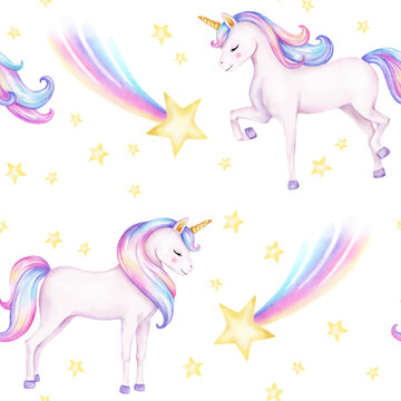 Seamless pattern. Watercolor unicorns pattern with rainbows and clouds. Cute watercolor texture