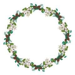 Wreath of cherry or apple white flowers with spruce needles and cones. Spring flowering composition or frame with leaves. Festive decoration for wedding, holiday and postcard. Vector flat illustration