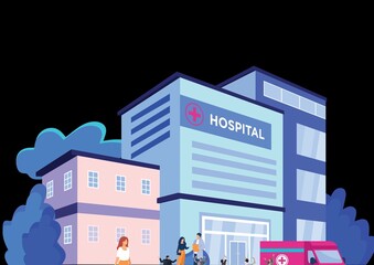 Digitally generated image of people, ambulance and hospital building icon against black background