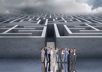 Composite image of portrait of businesspeople against maze and clouds in the sky