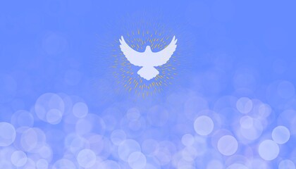 Banner azzurro con colomba bianca pasquale che vola. Libertà. Pace. Pasqua 