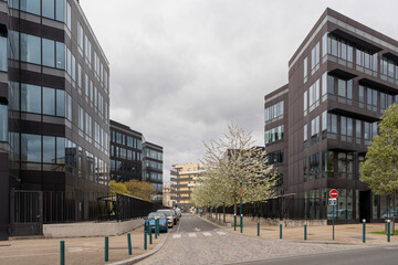 Gennevilliers, France - 04 06 2022: Close up shot of alignment of white flowering trees